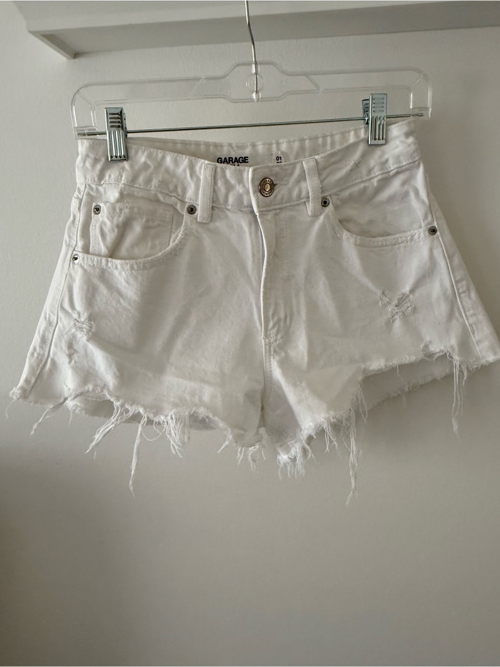 Garage White Distressed Frayed Hem Denim Shorts